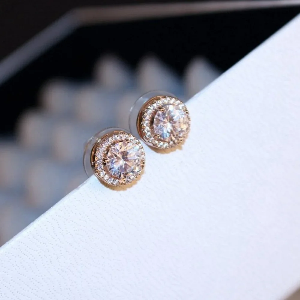 NEW Brilliant Cut Round Diamond Halo Silver Stud Earrings
